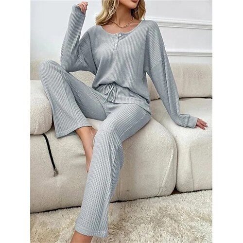 

Women's Shirt Pants Sets Pajamas Streetwear Gray Casual Daily Solid Color Drawstring Crew Neck S M L XL XXL