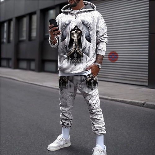 

Men's Tracksuit Hoodies Set White Hooded Graphic Skull 2 Piece Print Sports Outdoor Casual Sports 3D Print Basic Streetwear Designer Fall Spring Clothing Apparel Hoodies Sweatshirts