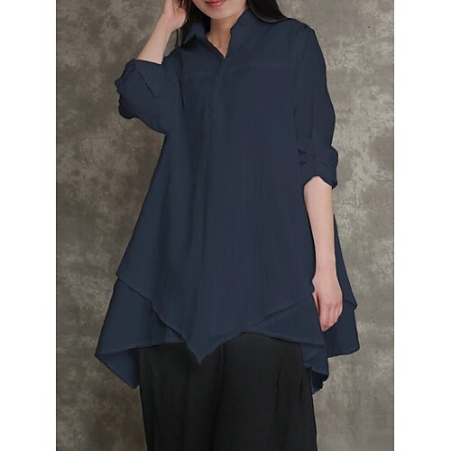 

Women's Blouse Shirt Navy Blue White Plain Asymmetric Long Sleeve Casual Elegant Shirt Collar Regular Cotton M