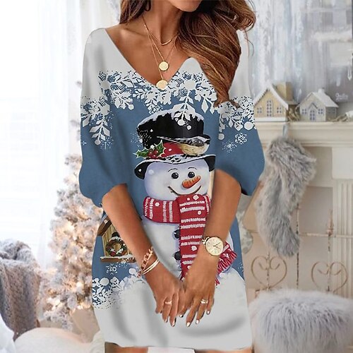 

Women's Christmas Sweatshirt Dress Winter Dress Short Mini Dress Blue Black 3/4 Length Sleeve Santa Claus Snowman Snowflake Print Fall Winter V Neck Vacation Casual Loose Fit 2022 S M L XL XXL 3XL