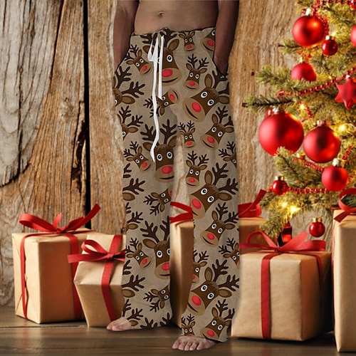 

Men's Christmas Pants Trousers Beach Pants Drawstring Elastic Waist 3D Print Animal Deer Graphic Prints Comfort Breathable Christmas Casual Daily Streetwear Designer Green Purple