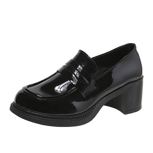 

Women's Loafers Plus Size Block Heel Round Toe Minimalism Faux Leather Loafer Solid Color Black White