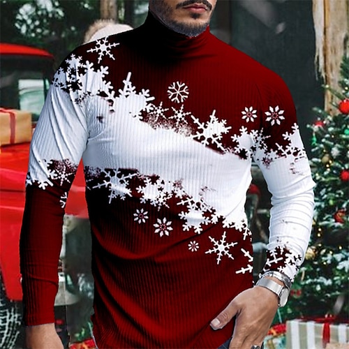 

Men's T shirt Tee Graphic Snowflake Turtleneck Red 3D Print Outdoor Christmas Long Sleeve Print Clothing Apparel Basic Streetwear Designer Comfortable