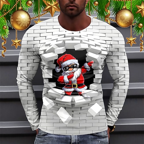 

Men's T shirt Tee Santa Claus Graphic Prints Crew Neck White 3D Print Outdoor Christmas Long Sleeve Print Clothing Apparel Basic Sports Designer Casual