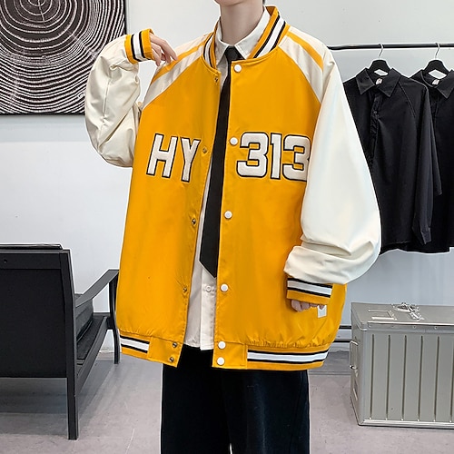 

Men's Varsity Jacket Soft Outdoor Casual / Daily School Sport Daily Wear Single Breasted Standing Collar Warm Ups Comfort Jacket Outerwear Letter Stripes Embroidered Button Pocket Black Yellow Green