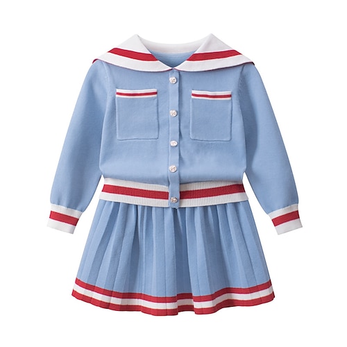 

2 Pieces Toddler Girls' Solid Color Pleated Skrit & Cardigan Set Long Sleeve Fashion School 3-7 Years Winter Blue