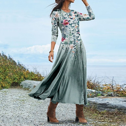

Women's Casual Dress Swing Dress Midi Dress Green Blue Pink Long Sleeve Floral Pocket Winter Fall Spring Crew Neck Fashion Daily Weekend 2022 S M L XL XXL 3XL