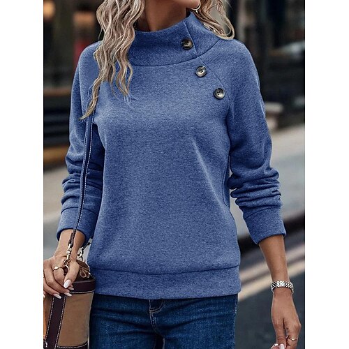 

Women's Sweatshirt Pullover Basic Button Blue Yellow Red Solid Color Street Round Neck Long Sleeve S M L XL 2XL 3XL