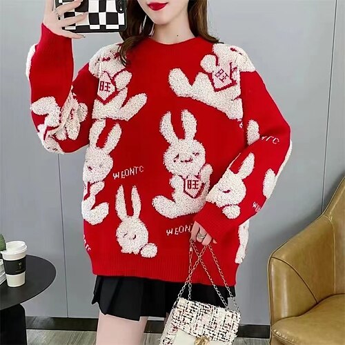 

Women's Ugly Christmas Sweater Pullover Sweater Jumper Jumper Crochet Knit Cropped Knitted Santa Claus Crew Neck Casual Home Christmas Winter Fall Black Red One-Size