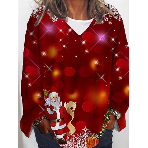 

Women's Plus Size Christmas Tops T shirt Tee Letter Santa Claus Print Long Sleeve V Neck Casual Festival Daily Cotton Spandex Jersey Winter Fall Wine Red