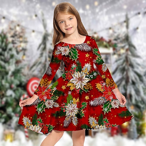 

Kids Girls' Ugly Christmas Dress Floral Casual Dress Above Knee Dress Christmas Gifts Crewneck Long Sleeve Adorable Dress 2-13 Years Winter Red