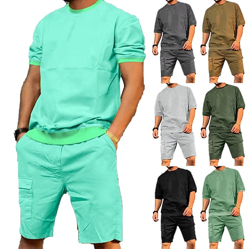 

Men's T-shirt Suits Tracksuit Tennis Shirt Shorts and T Shirt Set Solid Colored Crew Neck Green Black Light Green Army Green Khaki Outdoor Street Short Sleeve Drawstring 2 Piece Clothing Apparel