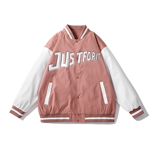 

Men's Varsity Jacket Warm Daily Wear Vacation Going out Single Breasted Standing Collar Comfort Leisure Jacket Outerwear Quotes & Sayings Button Pocket Black Pink Green