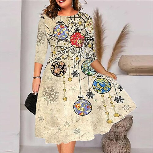 

Women's Plus Size Christmas Dress Christmas Tree 3/4 Length Sleeve Winter Fall Midi Dress Work Dress