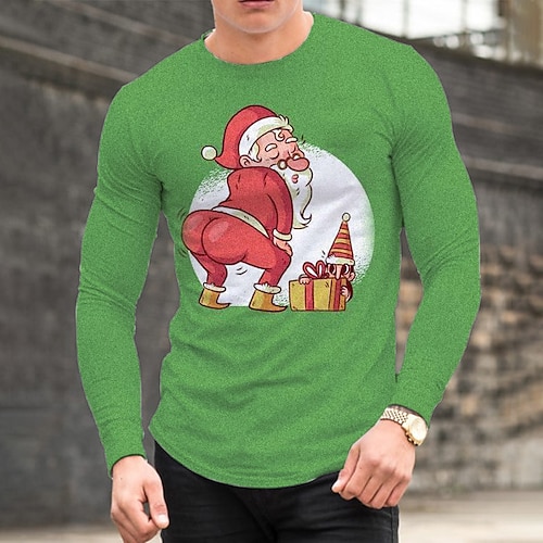 

Men's T shirt Tee Santa Claus Graphic Prints Crew Neck Green Blue Light Green Gray 3D Print Outdoor Christmas Long Sleeve Print Clothing Apparel Basic Sports Designer Casual