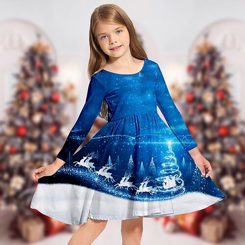 

Kids Girls' Christmas Dress Animal Casual Dress Above Knee Dress Christmas Gifts Crewneck Long Sleeve Adorable Dress 2-13 Years Winter Blue