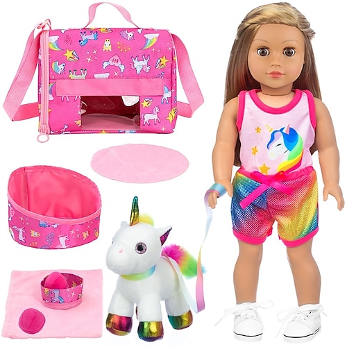 

9 Pcs American 18 Inch Girl Doll Clothes and Accessories for 18 Inch Girl Dolls and Kids Gift - Unicorn Printed Doll Clothes Carrier Bag Toy Pet and Toy Pet Bed and Other Items