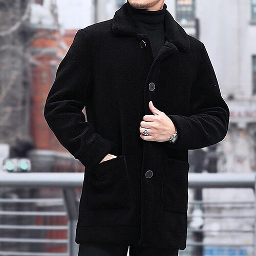 

Men's Sherpa jacket Travel Durable Daily Wear To-Go Bar Single Breasted Turndown Warm Ups Traditional / Classic Leisure Jacket Outerwear Pure Color Basic Black Coffee