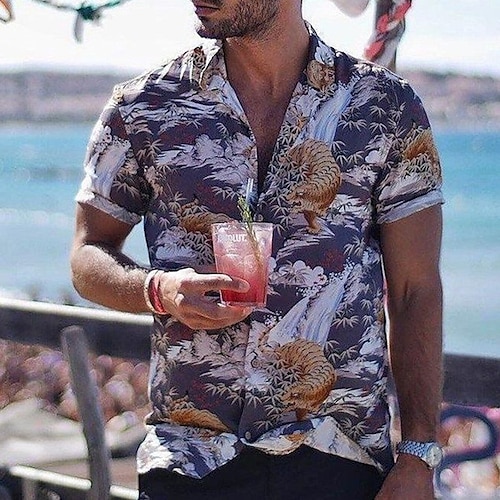 

Men's Shirt Animal Tiger Graphic Prints Turndown Purple 3D Print Street Casual Short Sleeve Button-Down Print Clothing Apparel Fashion Designer Casual Hawaiian