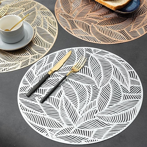 

Round Placemats Coasters for Dinner Table Metallic Hollow Out Line Circle Table Mats Vinyl PVC Place Mats for Table Decor Wedding Centerpiece
