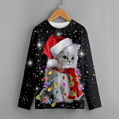 

Kids Boys Ugly Christmas T shirt Tee Animal Cat Long Sleeve Crewneck Children Top Casual Cute Daily Winter Fall Black 7-13 Years