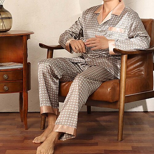 

Men's Sleepwear Silk Pajama 2 Pieces Grid / Plaid Simple Comfort Home Daily Faux Silk Breathable Lapel Long Sleeve Pant Pocket Fall Spring Light Brown Champagne