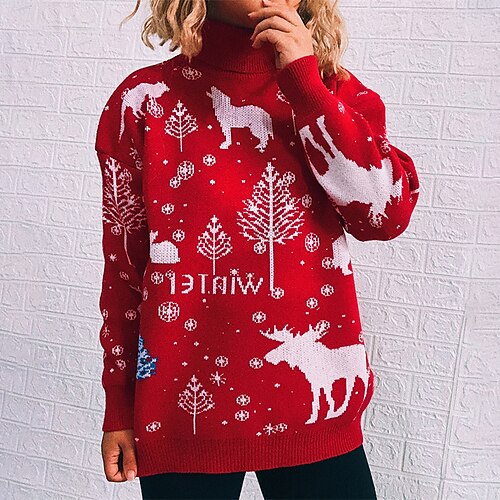 

Women's Ugly Christmas Sweater Pullover Sweater Jumper Ribbed Knit Knitted Letter Turtleneck Stylish Casual Outdoor Christmas Winter Fall Red Navy Blue S M L