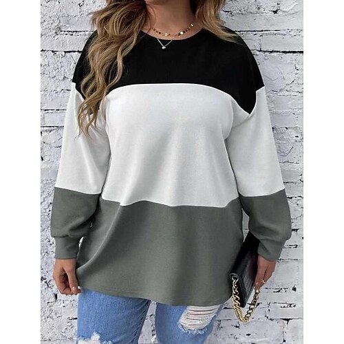 

Women's Plus Size Tops Blouse Color Block Long Sleeve Crew Neck Casual Modern Daily Vacation Polyester Winter Fall White