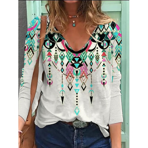 

Women's T shirt Tee White Geometric Print Long Sleeve Daily Weekend Basic Ethnic V Neck Regular Geometric Painting S