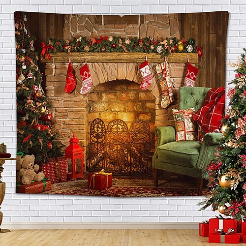 

Christmas Santa Claus Holiday Party Wall Tapestry Photography Background Art Decor Blanket Hanging Home Bedroom Living Room Decoration Tree Snowman Elk Snowflake Candle Gift Fireplace