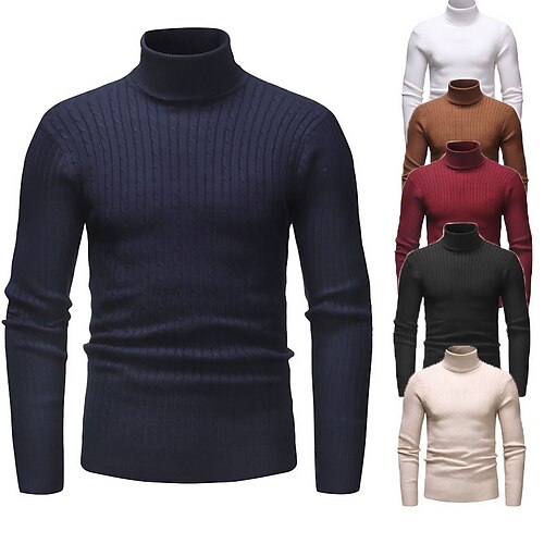 

Men's Sweater Pullover Sweater Jumper Ribbed Knit Cropped Knitted Solid Color Turtleneck Keep Warm Modern Contemporary Work Daily Wear Clothing Apparel Fall & Winter Camel Black M L XL