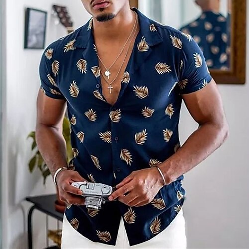 

Men's Shirt Coconut Tree Graphic Prints Leaves Turndown Navy Blue White 3D Print Outdoor Street Short Sleeves Button-Down Print Clothing Apparel Fashion Designer Casual Soft