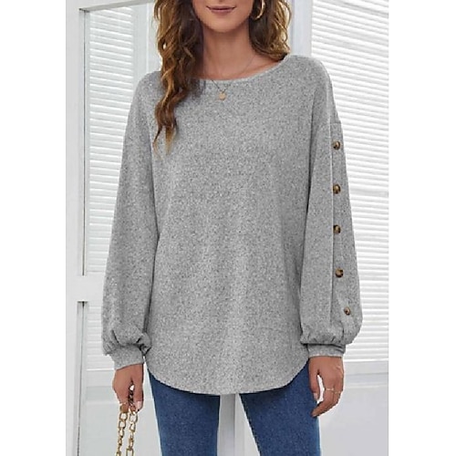 

Women's T shirt Tee Green Black Purple Plain Button Long Sleeve Daily Weekend Basic Round Neck Regular S