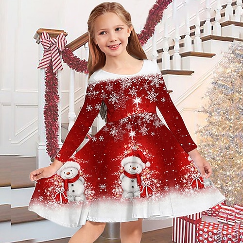 

детское рождественское платье для девочек, повседневное платье снеговика, платье выше колена, рождественские подарки, очаровательное платье с круглым вырезом и длинными рукавами, 2-13 лет, зимнее