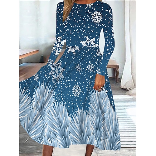 

Women's Casual Dress Swing Dress Midi Dress Blue Long Sleeve Snowflake Pocket Winter Fall Spring Crew Neck Fashion Christmas Daily Weekend 2022 S M L XL XXL 3XL