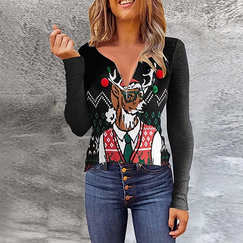 

Women's Blouse Black Red White Santa Claus Zipper Print Long Sleeve Christmas Christmas V Neck Regular 3D Printed S