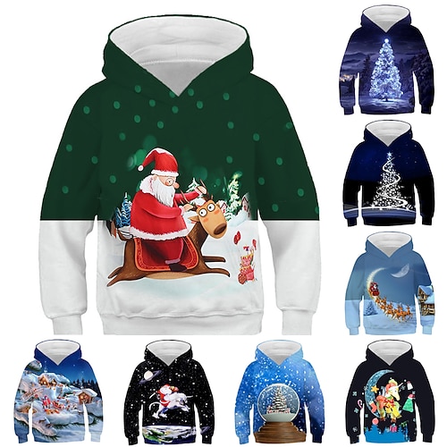 

Kids Boys Christmas Hoodie Pullover Santa Claus Elk Christmas Tree Long Sleeve Children Top Christmas Gifts Hoodie Active Fashion Green Black Blue Winter 7-13 Years