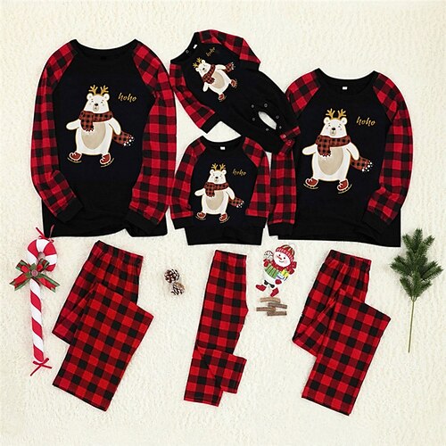 

Christmas Pajamas Family Animal Plaid Home Black Long Sleeve Basic Matching Outfits