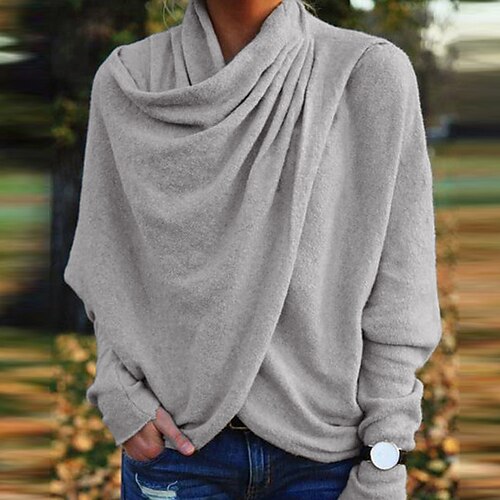 

Women's Sweatshirt Pullover Basic Black Gray Solid Color Casual Pile Neck Long Sleeve S M L XL