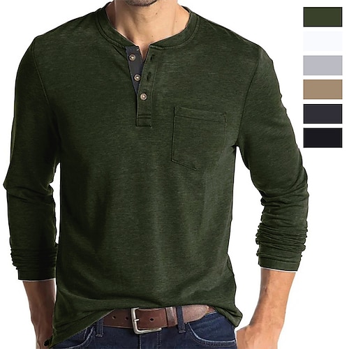 

Men's Henley Shirt T shirt Tee Solid Color Stand Collar Black Army Green Khaki Dark Gray Gray Casual Holiday Long Sleeve Button-Down Clothing Apparel Lightweight Casual Classic Muscle