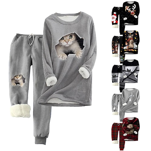 

Women's Plus Size Tops Fleece Plus Size Set Animal Cat Print Long Sleeve Crew Neck Casual Teddy Home Vacation Polyester Winter Fall Black And White Black