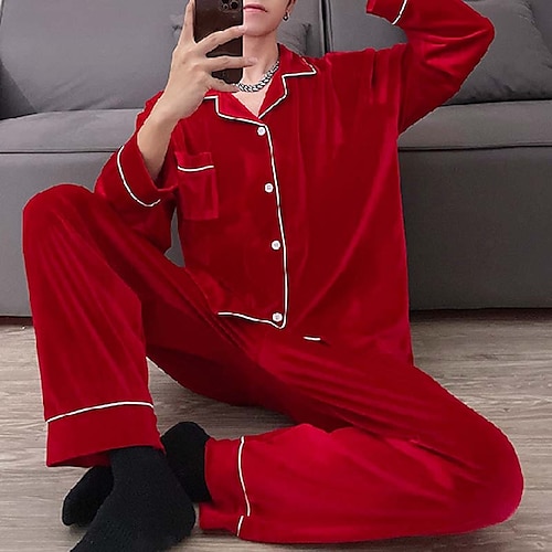 

Men's Sleepwear Silk Pajama 2 Pieces Pure Color Simple Comfort Home Daily Faux Silk Breathable Lapel Long Sleeve Pant Pocket Fall Spring Black Blue