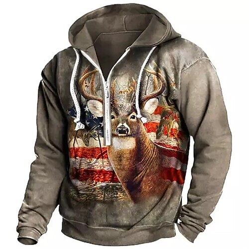 

Men's Pullover Full Zip Hoodie Brown Hooded Elk Graphic Prints National Flag Zipper Print Casual Daily Sports 3D Print Basic Streetwear Designer Spring Fall Clothing Apparel Hoodies Sweatshirts