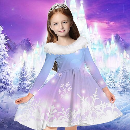 

Frozen Elsa Kids Girls' Dress Snowflake Casual Dress Above Knee Dress Casual Fur Trim Crew Neck Long Sleeve Adorable Dress 2-13 Years Winter Blue Purple Navy Blue