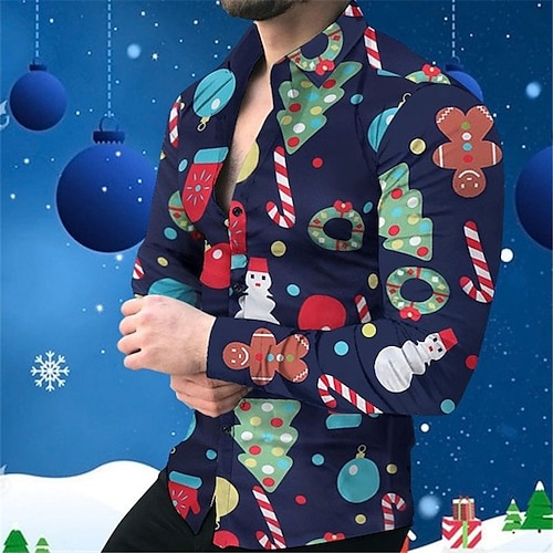 

Men's Shirt Santa Claus Snowman Graphic Prints Snowflake Turndown Black Red Navy Blue White 3D Print Christmas Street Long Sleeve Button-Down Print Clothing Apparel Fashion Designer Casual Soft
