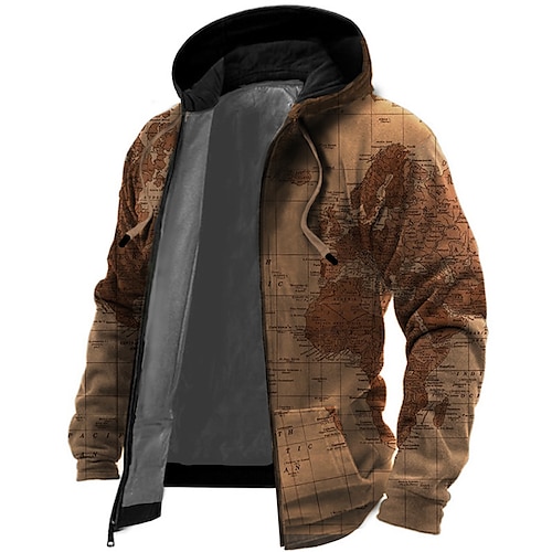 

Men's Full Zip Hoodie Jacket Brown Hooded Map Graphic Prints Zipper Print Sports Outdoor Daily Sports 3D Print Fleece Streetwear Designer Casual Winter Clothing Apparel Hoodies Sweatshirts