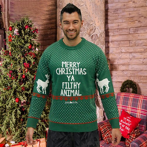 

Men's Sweater Ugly Christmas Sweater Pullover Sweater Jumper Ribbed Knit Cropped Knitted Letter Crew Neck Basic Stylish Outdoor Christmas Clothing Apparel Winter Fall Green S M L