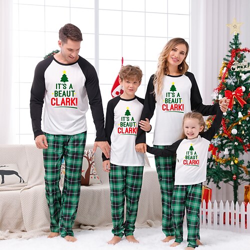 

Family Christmas T-shirt & Pants Plaid Letter Home Crewneck Green Long Sleeve Cute Matching Outfits
