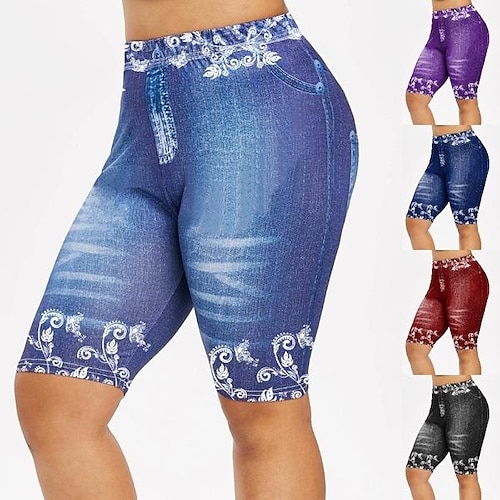 

Women's Shorts Faux Denim Black Blue Purple Casual Casual Daily High Elasticity Knee Length Soft Floral S M L XL 2XL