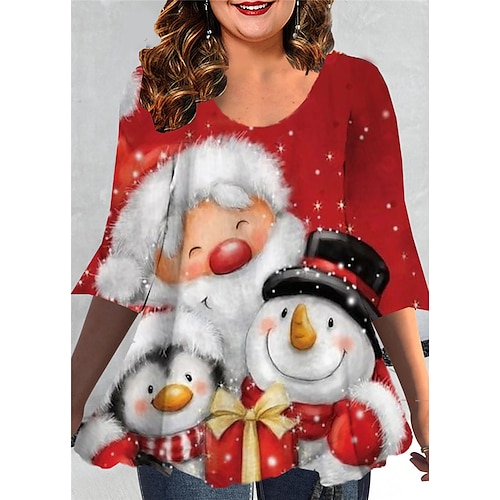 

Women's Plus Size Christmas Tops Blouse Shirt Santa Claus Snowman Print 3/4 Length Sleeve Crew Neck Casual Festival Daily Cotton Spandex Jersey Winter Fall Red
